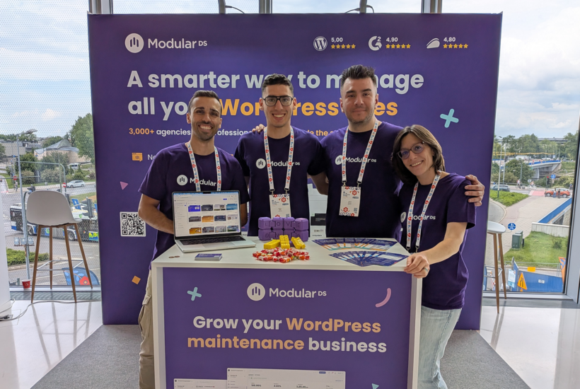 The Modular DS team at their WordCamp Europe 2026 sponsor booth in Kraków.