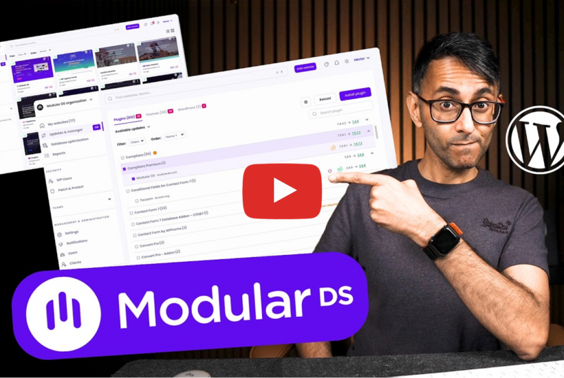 Thumbnail featuring Imran Siddiq (Web Squadron) pointing at screenshots of the Modular DS WordPress site management dashboard.