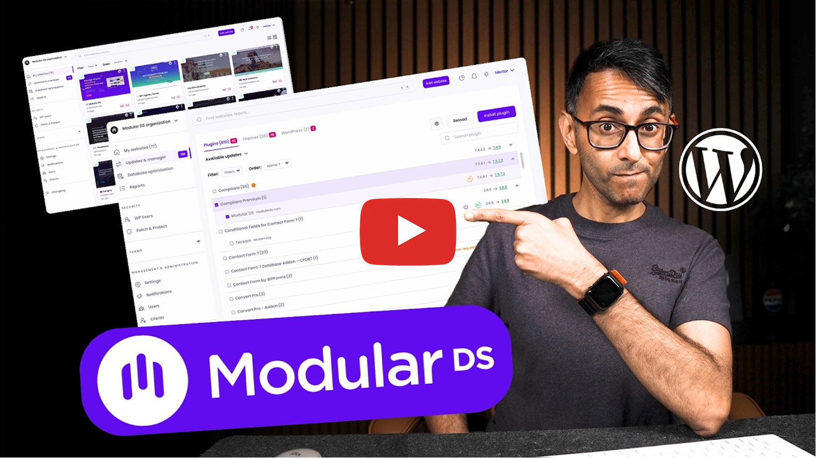 Thumbnail featuring Imran Siddiq (Web Squadron) pointing at screenshots of the Modular DS WordPress site management dashboard.