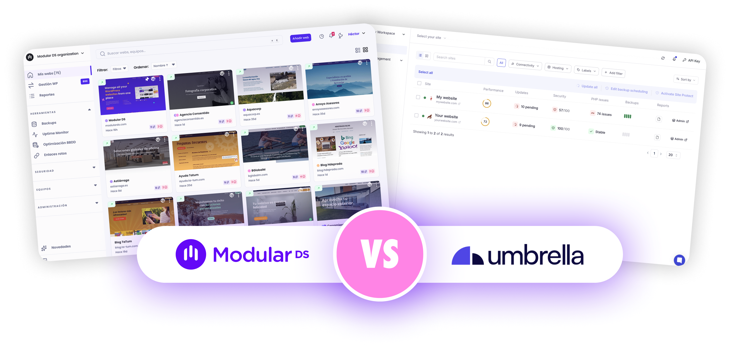Paneles de gestión web de Modular DS y WP Umbrella. Uno muestra una cuadrícula de sitios de WordPress y el otro un listado de webs. Los logos aparecen uno junto al otro en la parte inferior de las capturas, con el texto