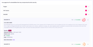 Vulnerability information in Modular DS showing a breakdown by plugins, PHP version, and MariaDB, with a MariaDB vulnerability's details and severity score expanded.