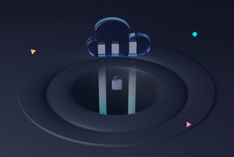 Illustration of secure WordPress backup process, showing data flowing from a cloud into a locked, encrypted storage vault.