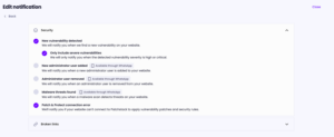 Security notification settings in Modular DS, with the options for high-severity-only alerts and Patch & Protect connection error notifications turned on.