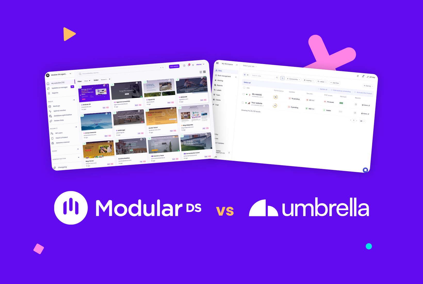 Screenshots of the Modular DS and WP Umbrella website management dashboards, showing a grid of WordPress sites and a list of sites with performance and security scores, respectively.