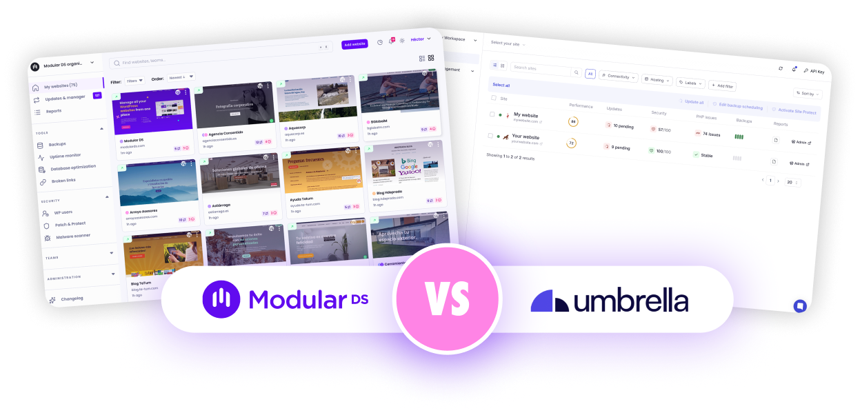 Modular DS and WP Umbrella management dashboards shown side by side. One displays a grid of WordPress sites and the other a list of sites. Logos are side by side at the bottom of the dashboard screenshots, too, reading