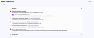 Configuración de notificaciones de seguridad en Modular DS, con las opciones de recibir solo vulnerabilidades graves y avisos de error de conexión con Patch & Protect activado.