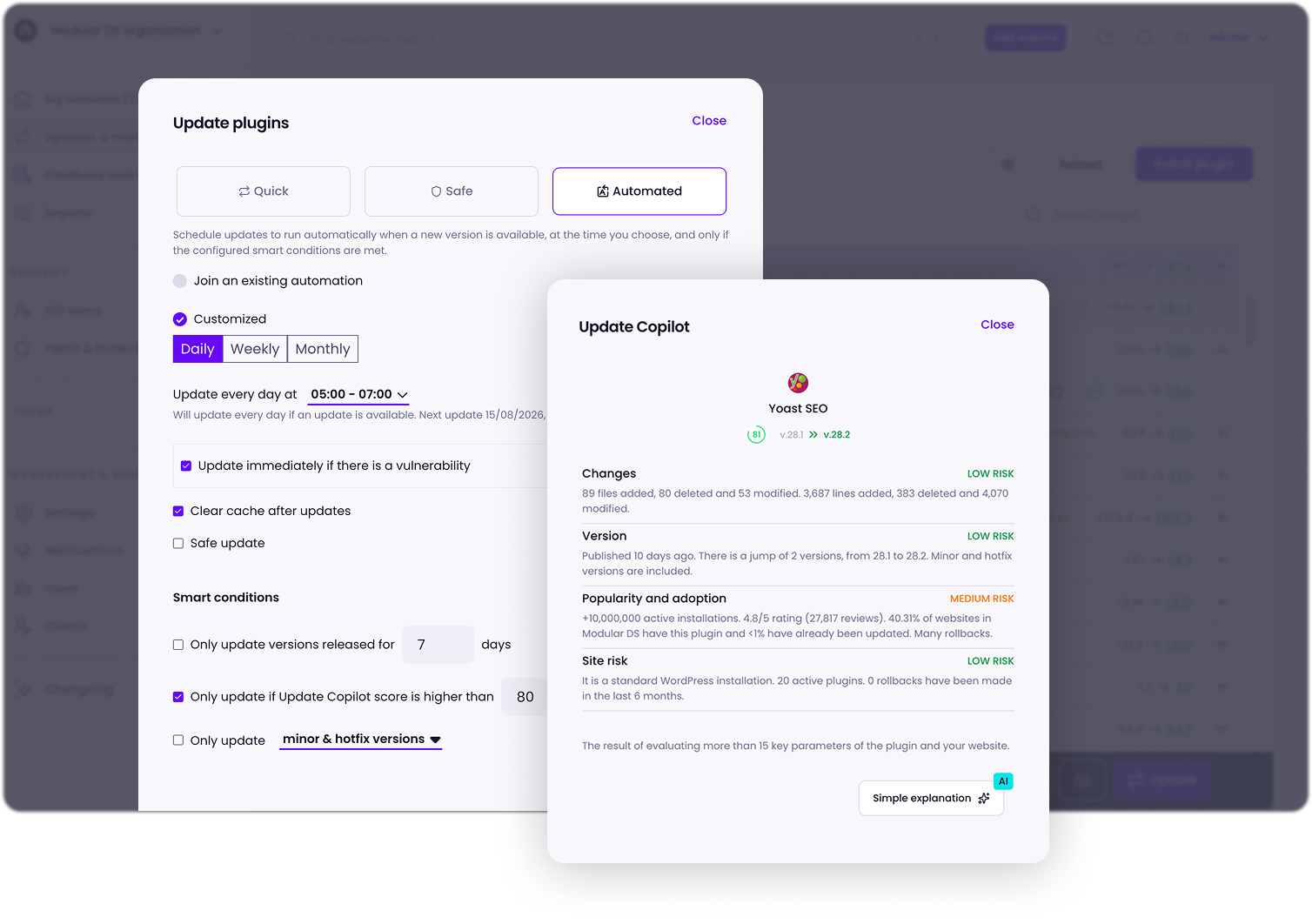 Update settings modal in Modular DS with quick, safe, and smart automated update options, alongside a screenshot of Update Copilot showing a plugin's update risk analysis and score.