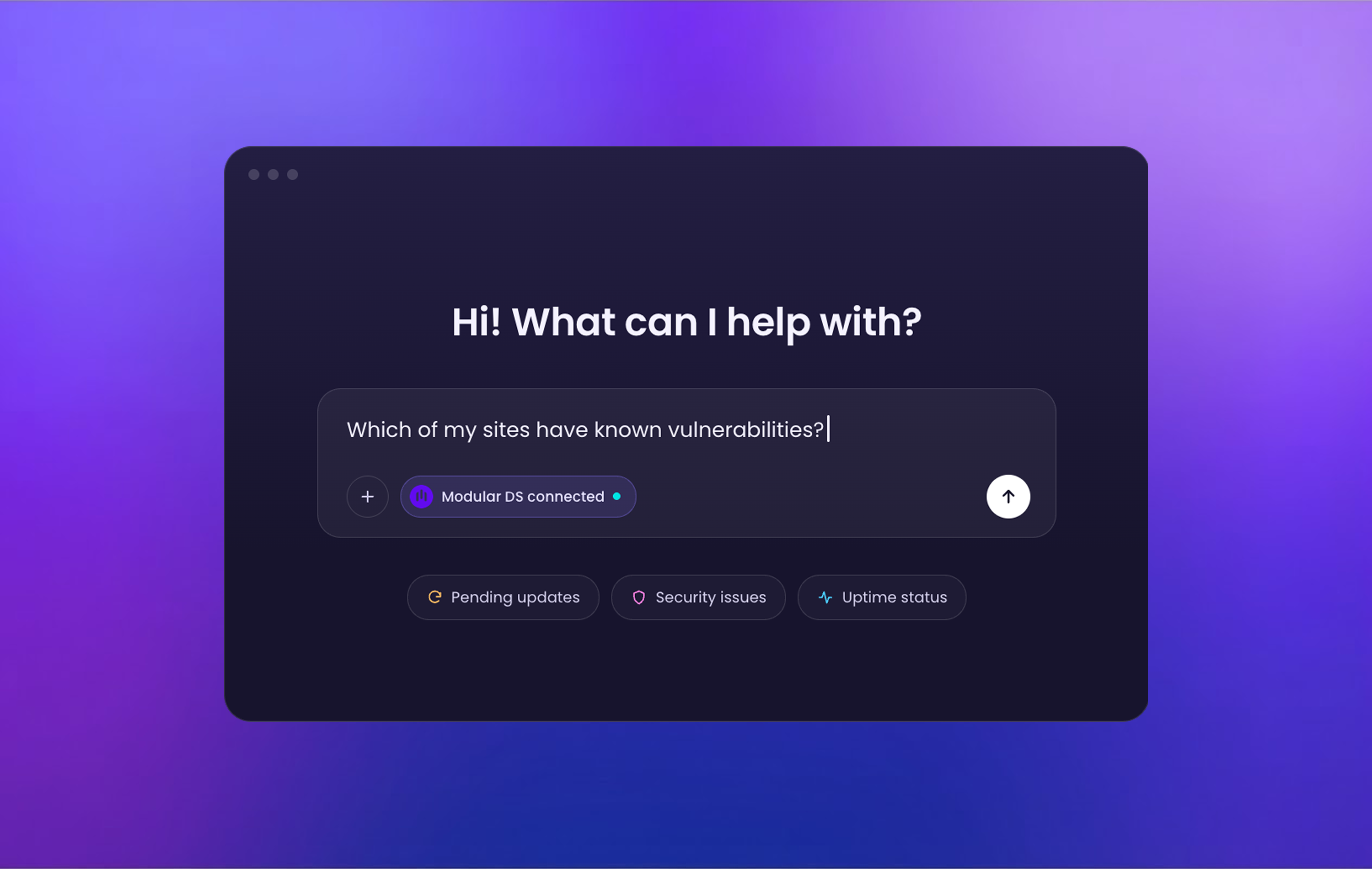 New AI chat screen with the Modular DS MCP connected, showing a question about WordPress site vulnerabilities and suggested prompts for pending updates, security issues, and uptime status.