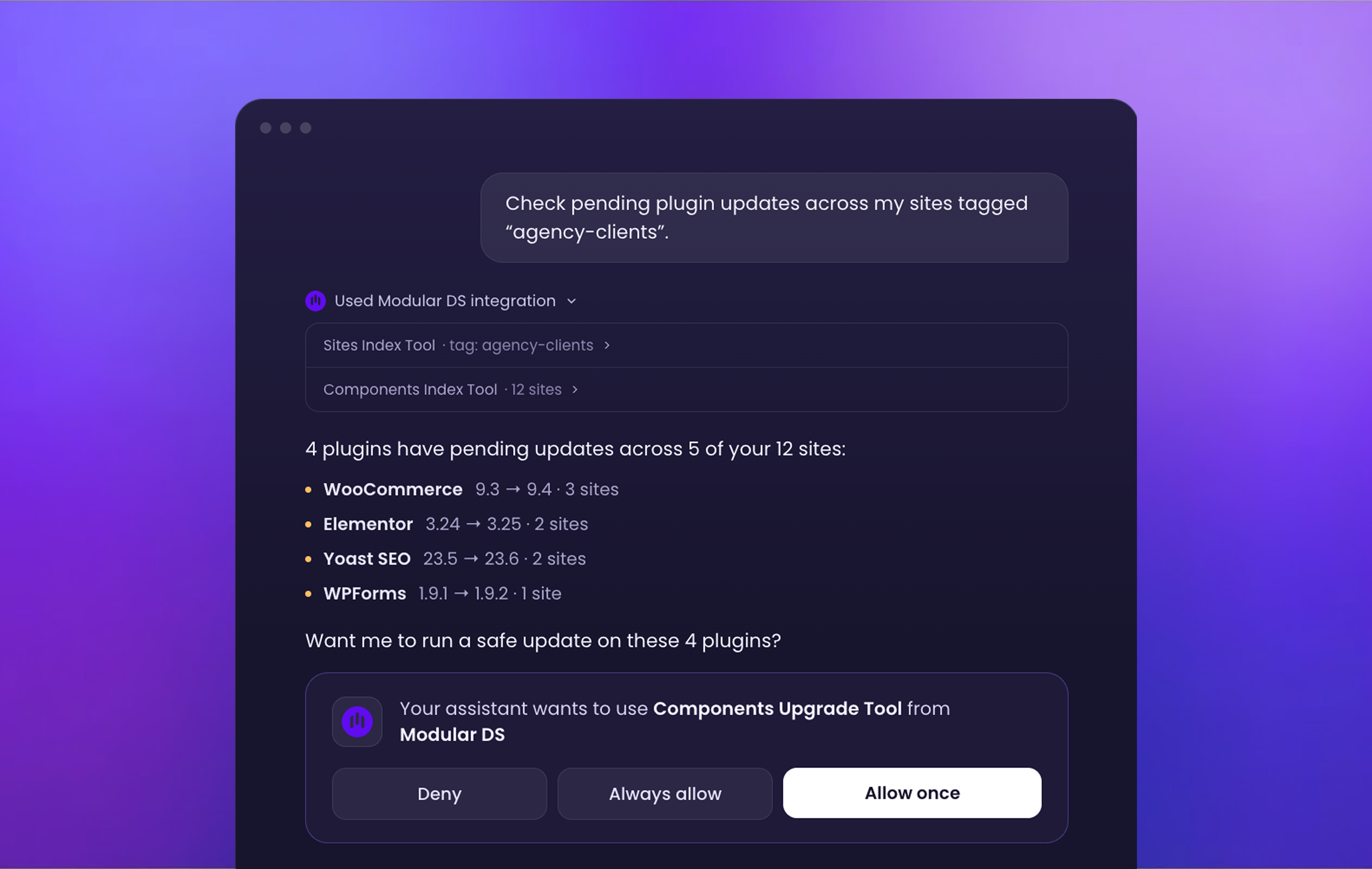 AI chat interface showing a user asking Modular DS which sites tagged "agency-clients" have pending plugin updates, with a list of outdated plugins and a confirmation prompt before running a safe update.