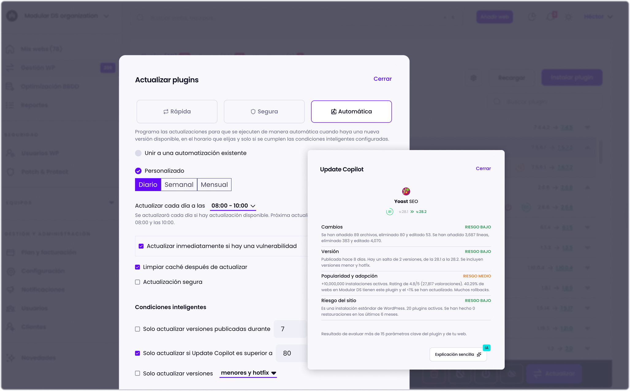 Captura de pantalla del modal de las actualizaciones automáticas inteligentes y de Update Copilot en Modular DS