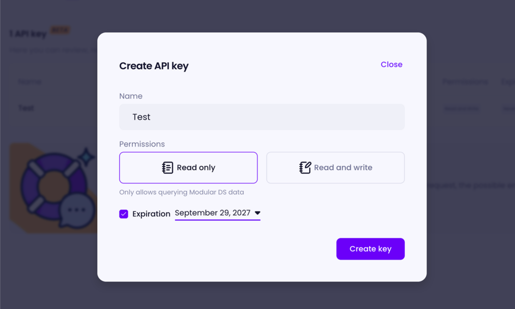 Modular DS "Create API key" screen showing a name field, a choice between read-only and read and write permissions, and an optional expiration date.