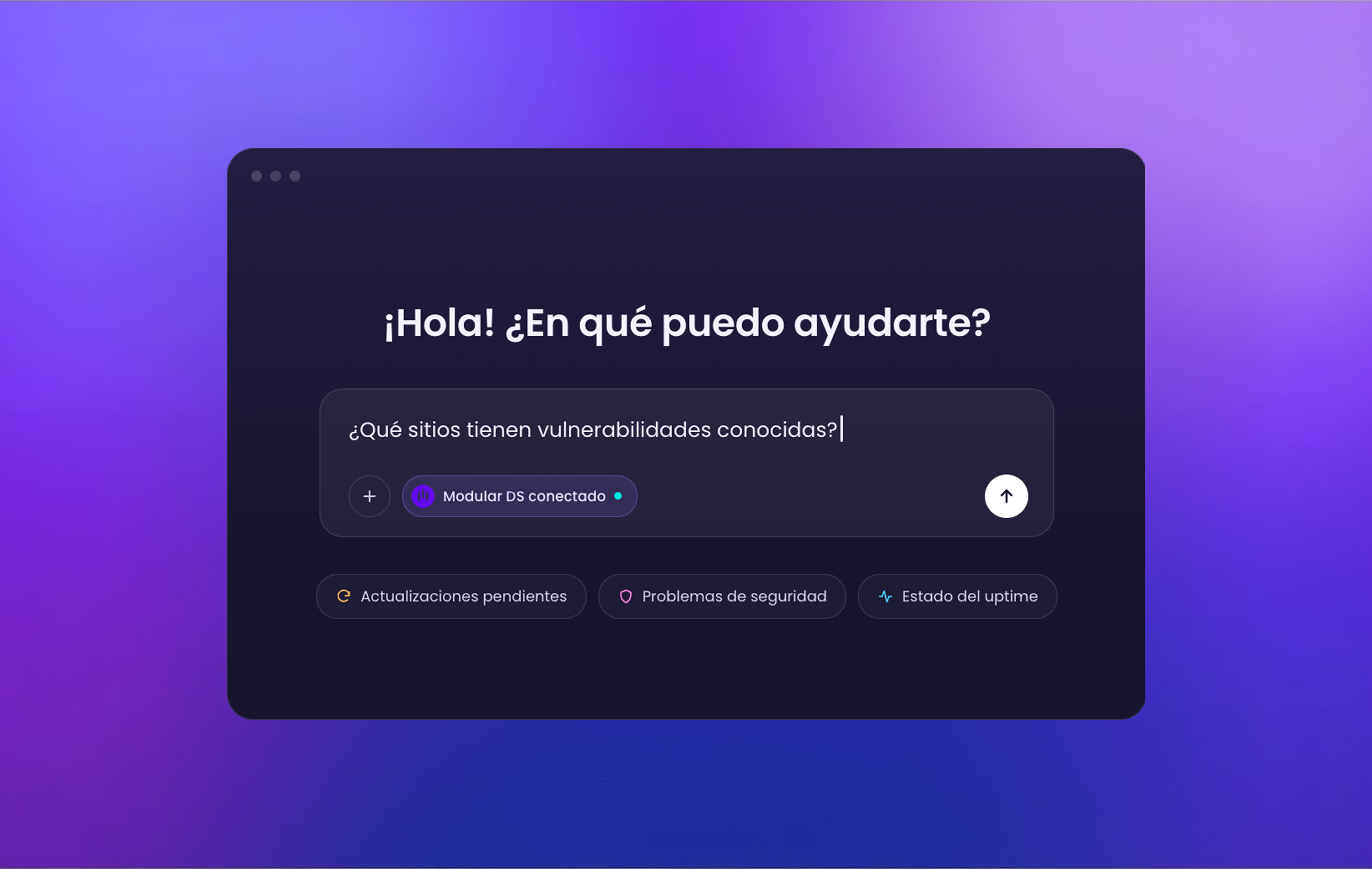 Pantalla de un nuevo chat de IA con el MCP de Modular DS conectado, mostrando una pregunta sobre vulnerabilidades en las webs y sugerencias sobre actualizaciones pendientes, problemas de seguridad y estado del uptime.