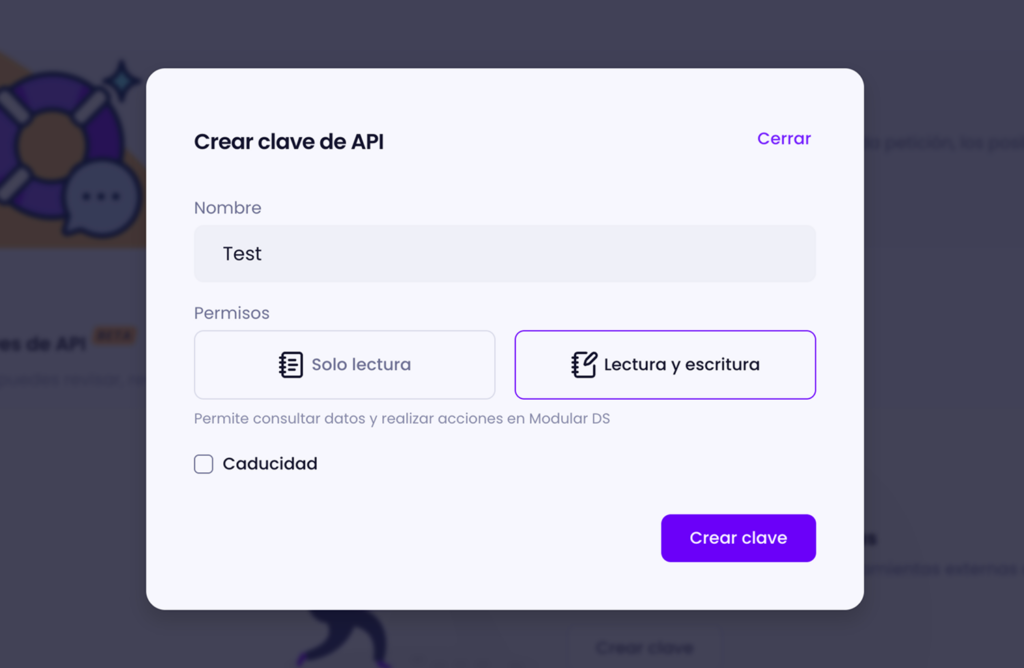 Pantalla de creación de clave de API de Modular DS, con un campo de nombre y la opción de elegir entre permisos de solo lectura o lectura y escritura.