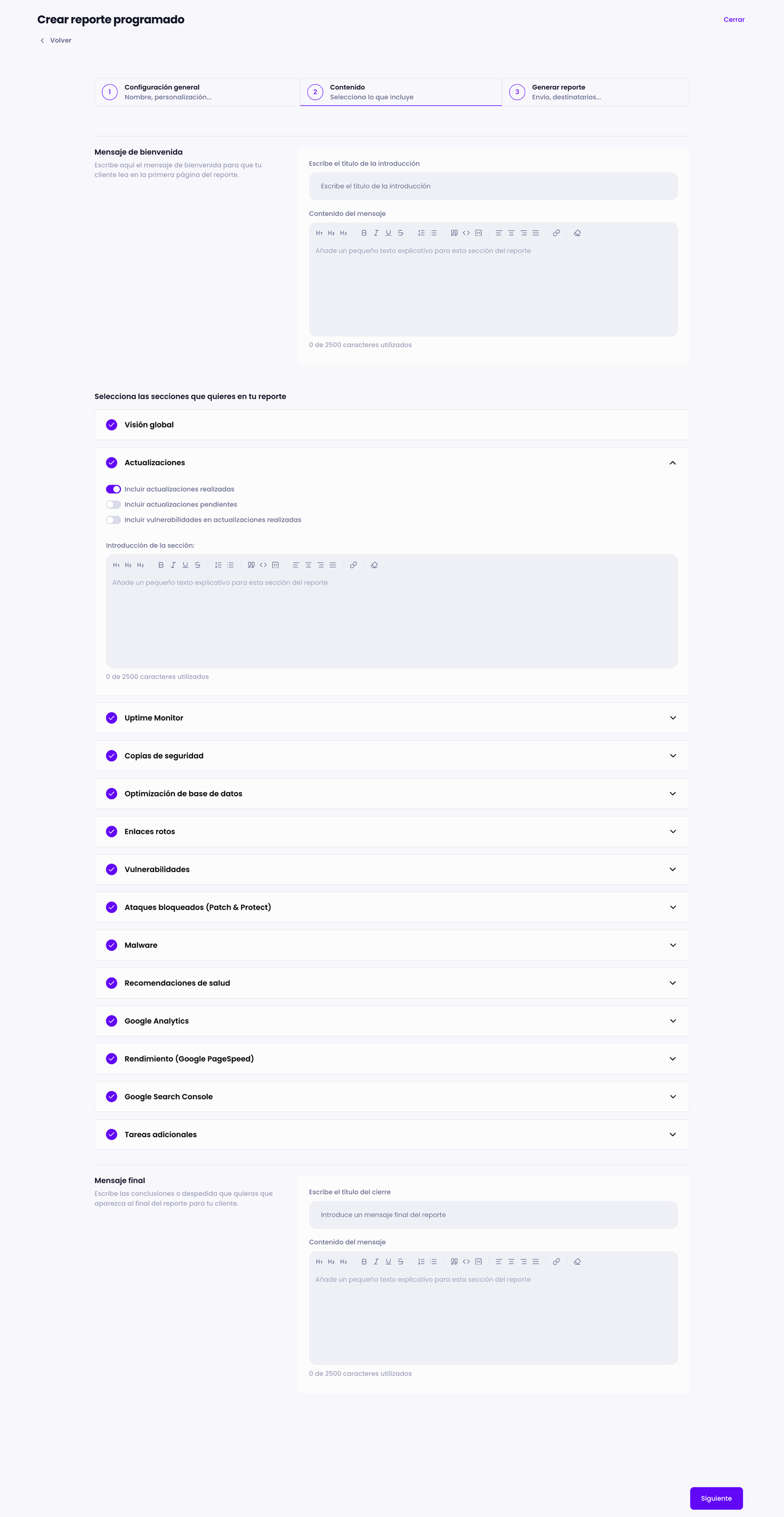 Captura de pantalla del modal de la creación de un reporte de mantenimiento web programado en Modular DS.
