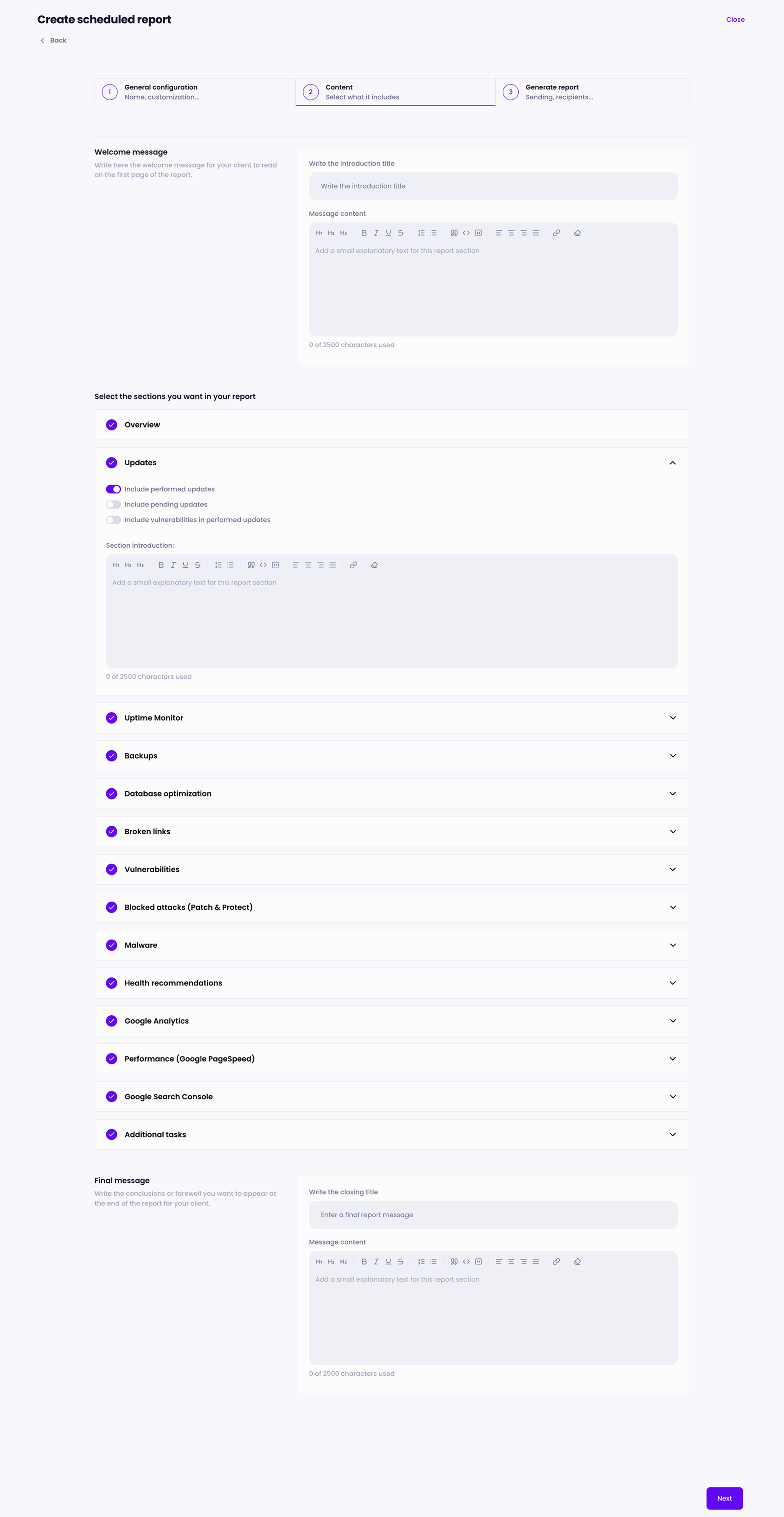 Modular DS scheduled maintenance report builder showing customizable sections, including updates, uptime, backups, security, and performance.
