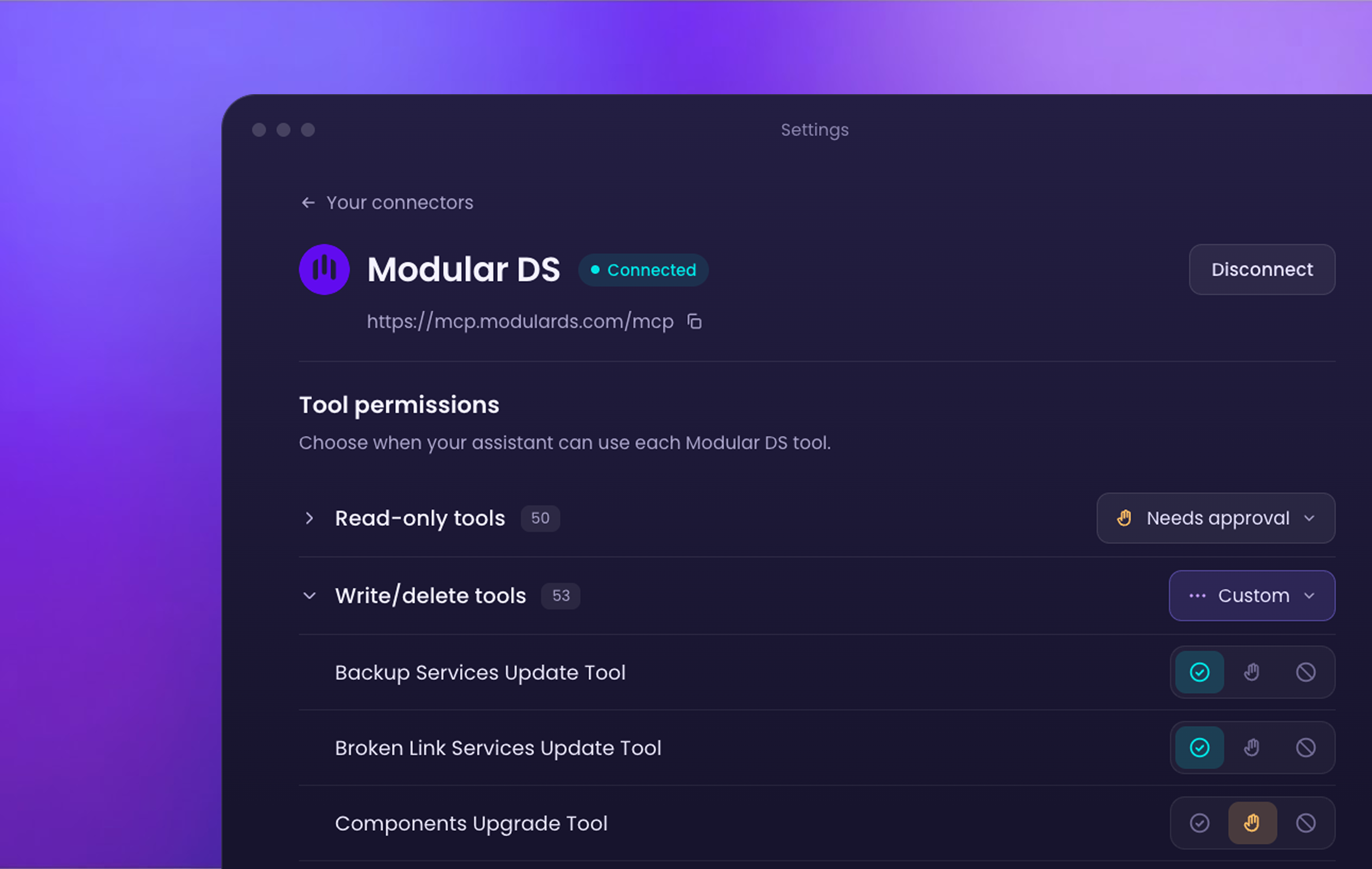 Tool permissions for the Modular DS MCP connector.