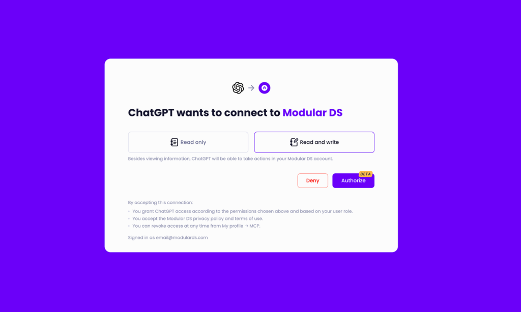 ChatGPT (OpenAI) authorization screen requesting to connect to Modular DS, with a choice between read-only and read and write permissions, and Deny or Authorize buttons.