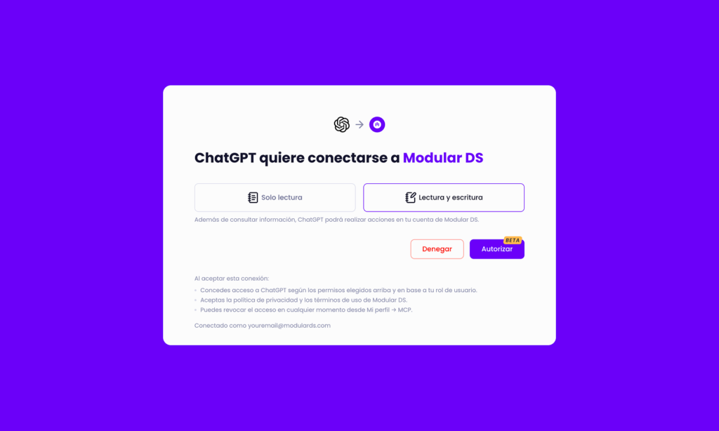 Pantalla de autorización de ChatGPT solicitando conectarse a Modular DS, con opciones de permisos de solo lectura o lectura y escritura, y los botones Denegar y Autorizar.