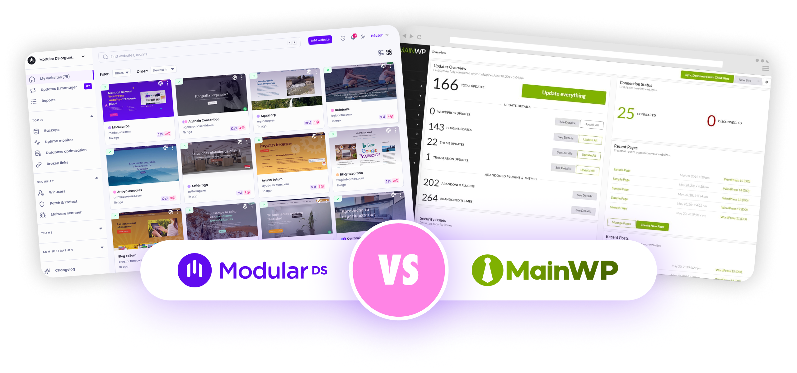 Modular DS vs MainWP comparison, showing screenshots of both WordPress management dashboards side by side.