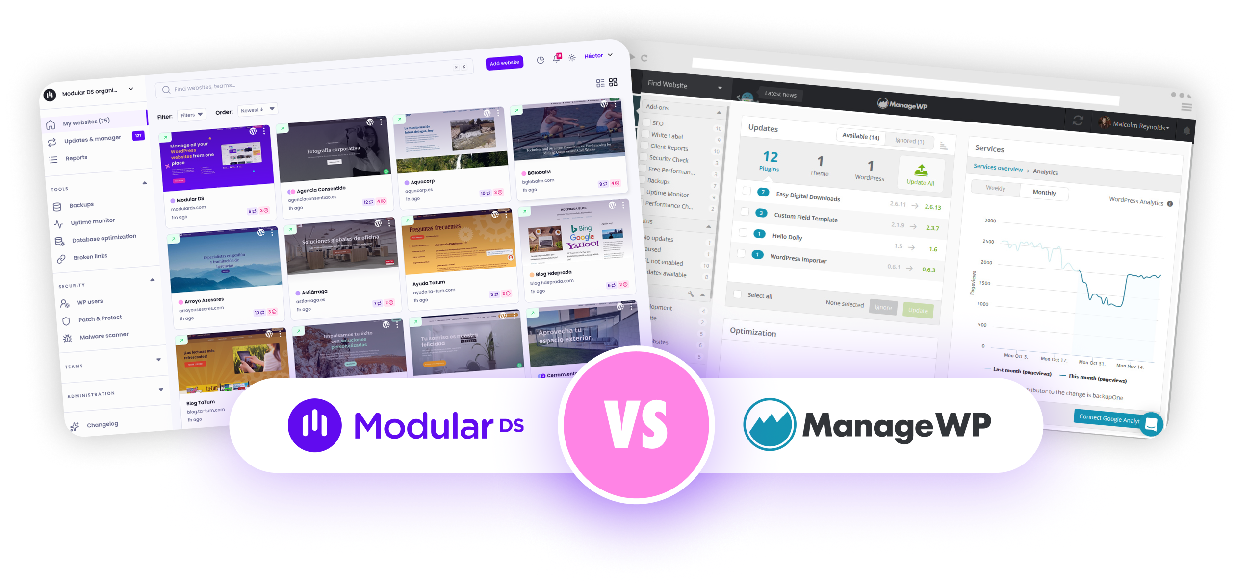 Modular DS and ManageWP management dashboards shown side by side. Logos are side by side at the bottom of the dashboard screenshots, too, reading "Modular DS vs ManageWP."
