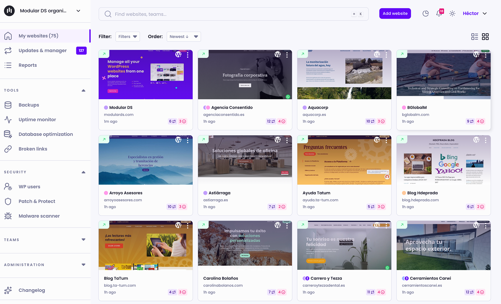 WordPress site management dashboard in Modular DS