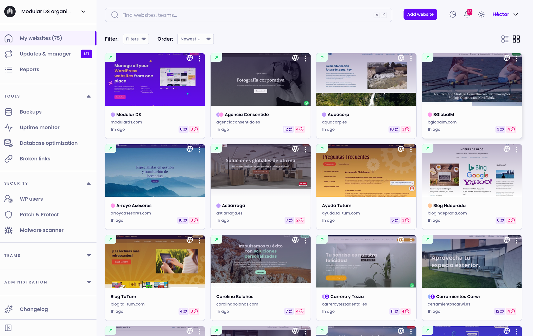 Modular DS centralized dashboard showing a grid of managed WordPress sites with update, backup, and status indicators for each.