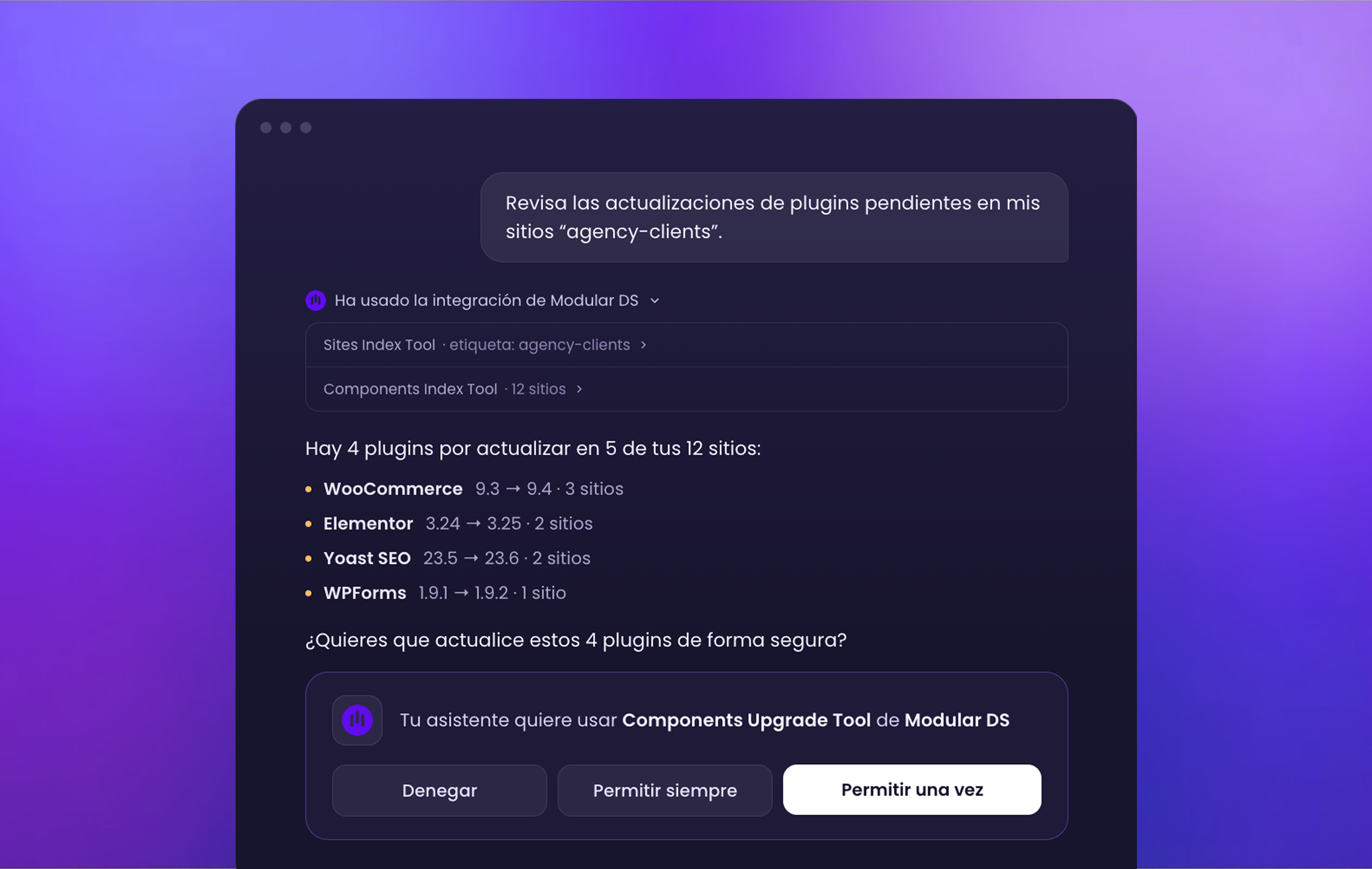Interfaz de una conversación con un asistente de IA mostrando a un usuario preguntando a Modular DS qué webs etiquetadas como "agency-clients" tienen actualizaciones de plugins pendientes, con una lista de plugins desactualizados y una confirmación antes de ejecutar una actualización segura.
