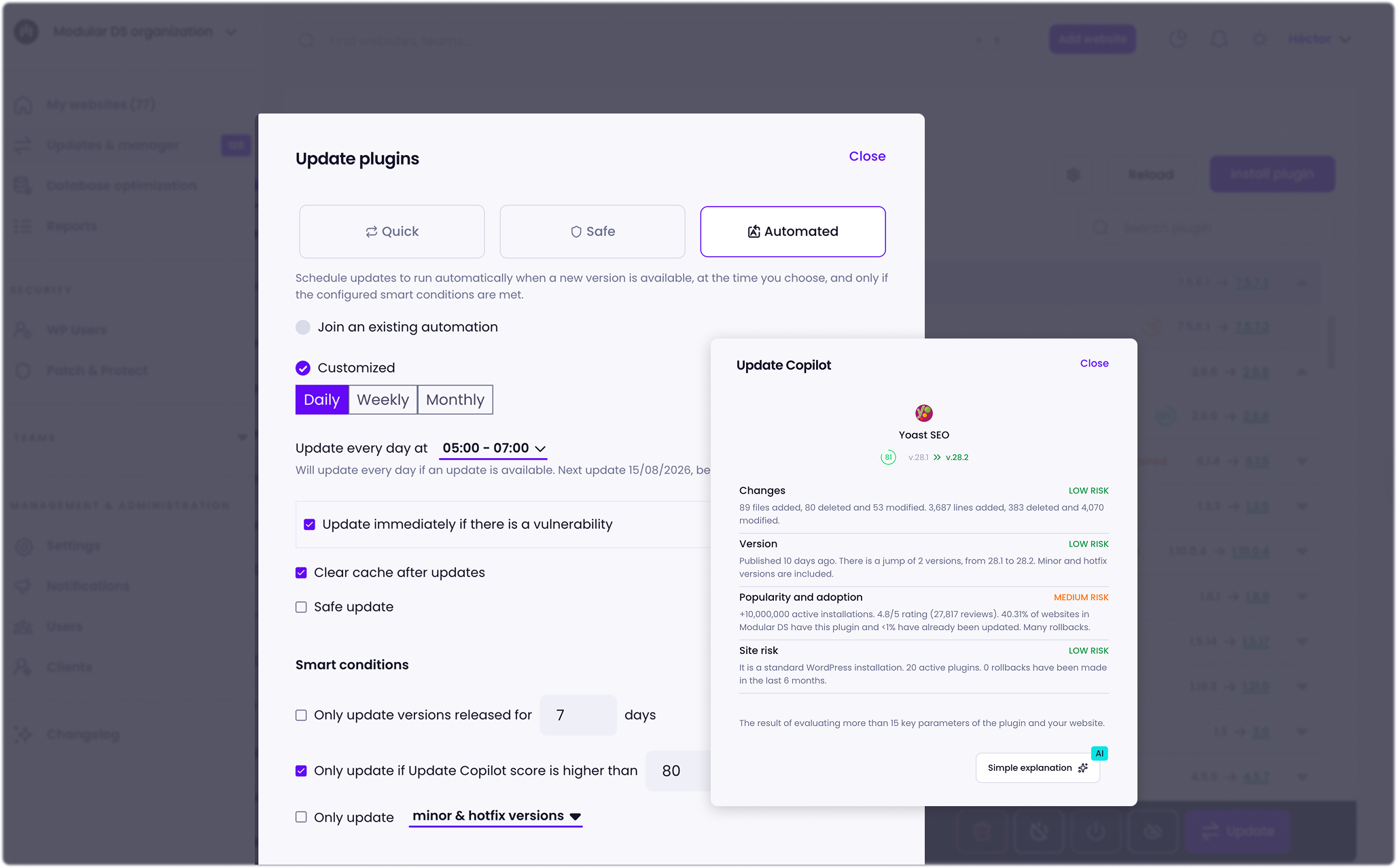 Screenshots of smart automated update and Update Copilot modals in Modular DS