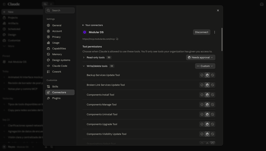 Screenshot of the Modular DS connector settings in Claude AI, showing read-only and write/delete tool permissions.