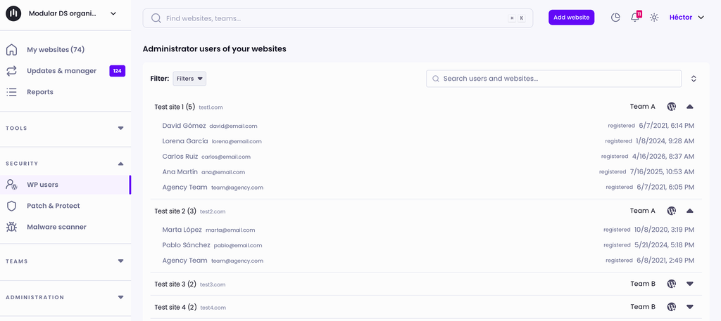 Modular DS dashboard showing the WP users section, with administrator users listed by website, including each user’s name, email, and registration date.