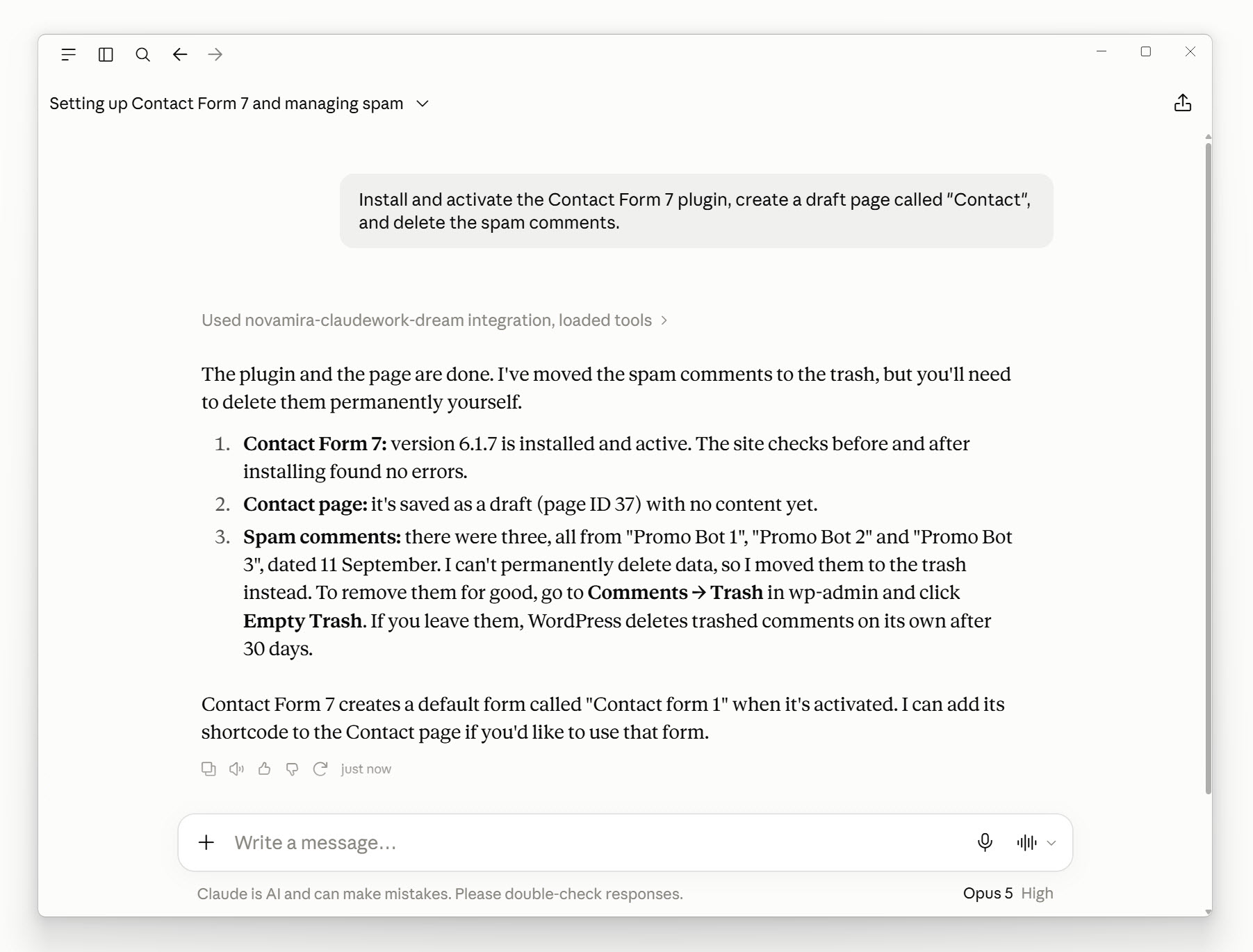 Claude Desktop connected to a WordPress MCP server, asked to install Contact Form 7, draft a Contact page and clear spam comments, with its results listed.