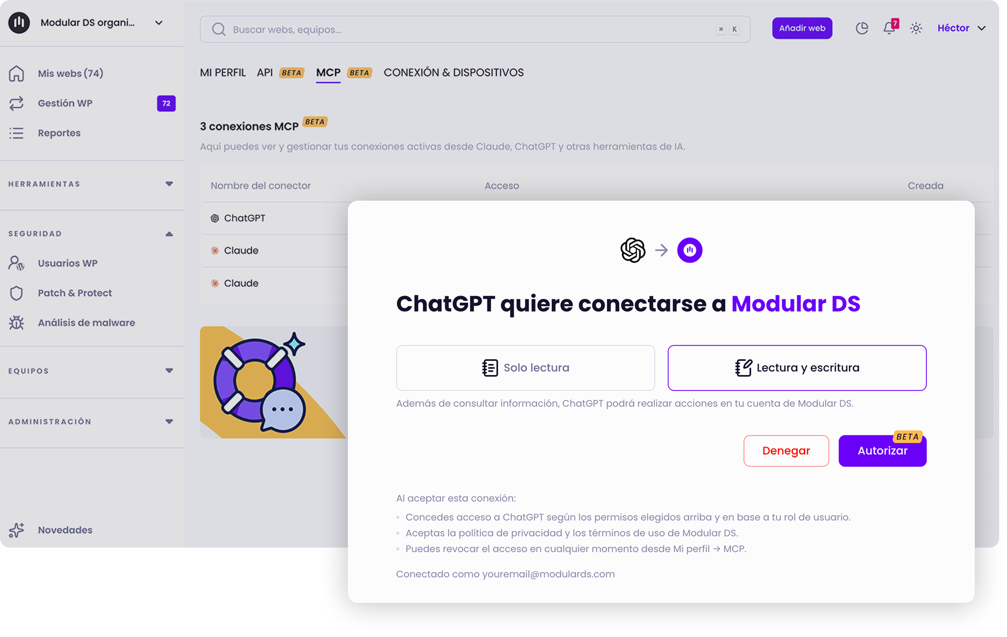 Pantalla de conexión del servidor MCP de Modular DS en la que ChatGPT solicita acceso para gestionar webs de WordPress, con permisos de solo lectura o de lectura y escritura y opciones para autorizar o denegar.