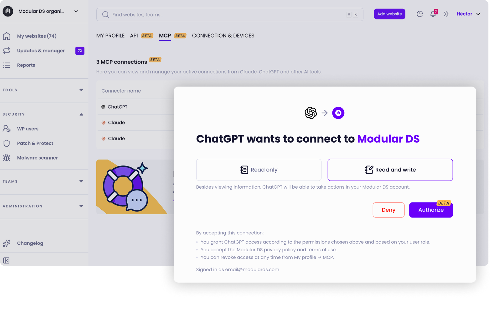 Modular DS MCP connection screen where ChatGPT requests access to manage WordPress sites, with read-only or read-and-write permissions and options to authorize or deny.