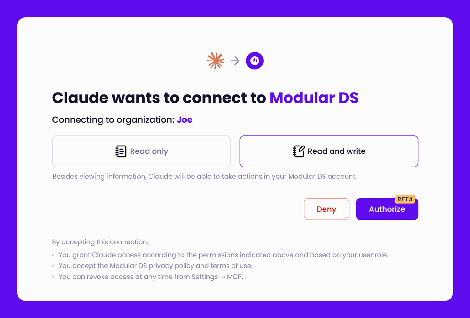 Modular DS authorization screen reading “Claude wants to connect to Modular DS”, with a choice between Read only and Read and write permissions, Deny and Authorize buttons, and notes on role-based access and revoking.