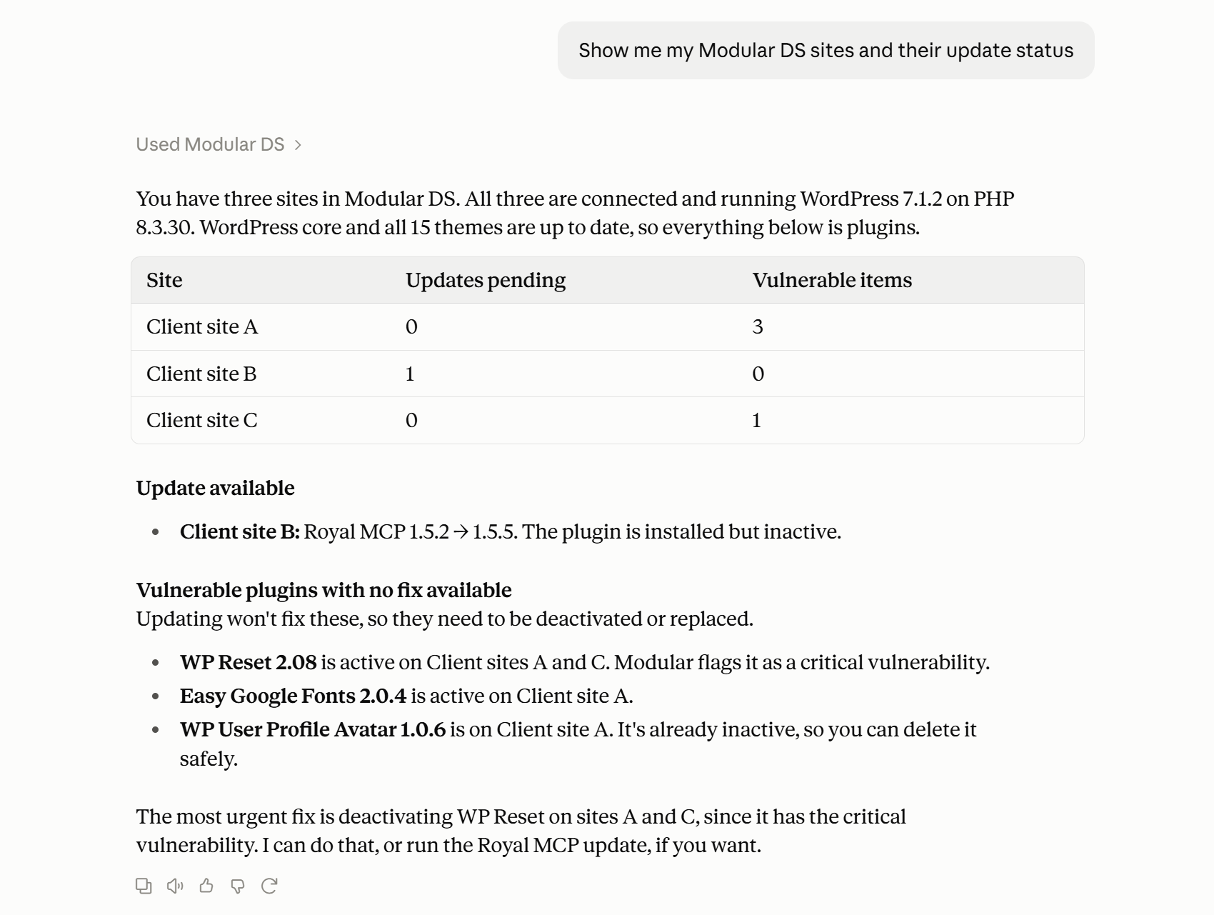 Claude reply listing three Modular DS client sites with pending updates and vulnerable items, plus plugins with a critical vulnerability and no fix available.