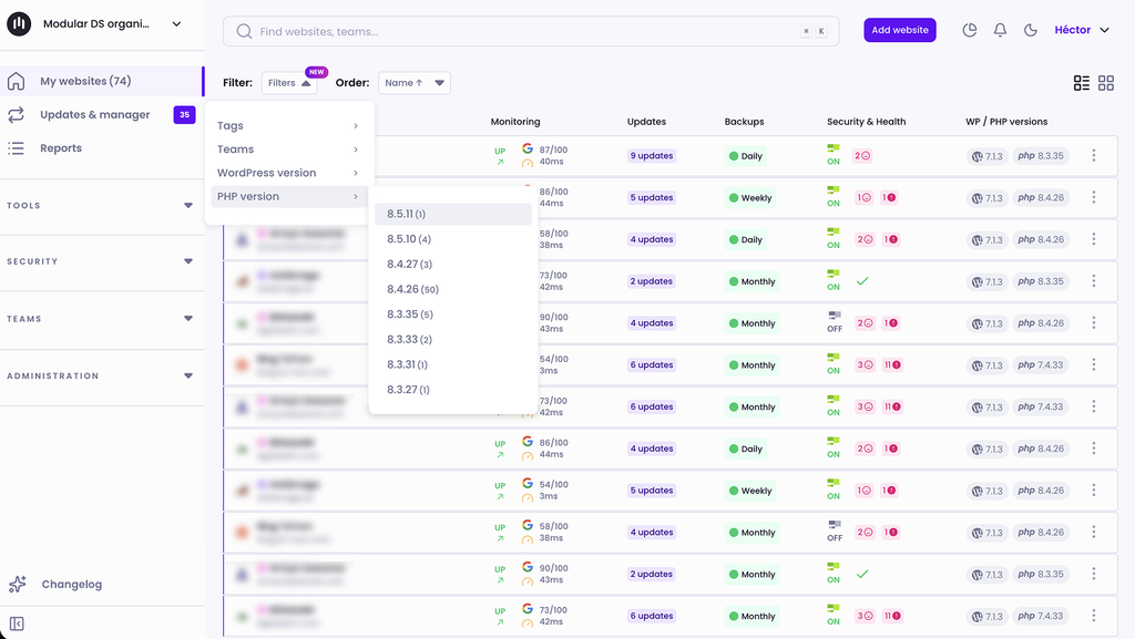 Modular DS dashboard with the new PHP version filter open, listing each PHP version and the number of sites running it.