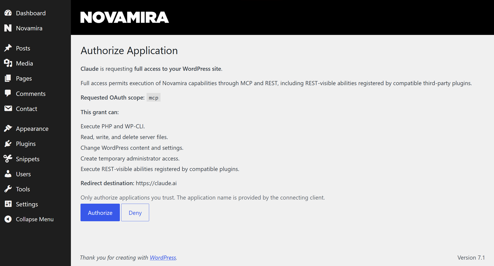 Novamira's WordPress authorize screen listing what the grant permits, including executing PHP and WP-CLI and creating temporary administrator access.