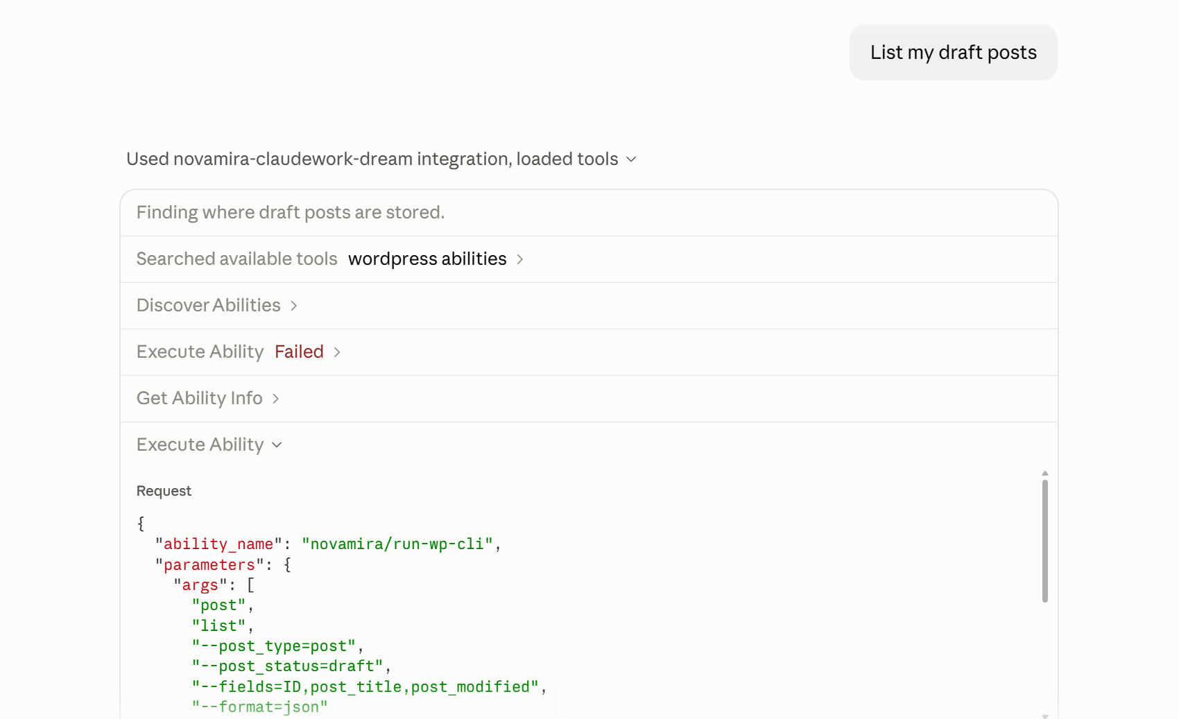 Claude Desktop tool call expanded, showing a request to list draft posts running as a WP-CLI command through Novamira's generic Execute Ability tool.