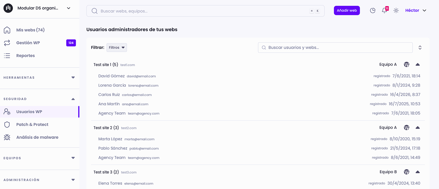 Panel de Modular DS con la sección Usuarios WP que muestra los usuarios administradores agrupados por web, con su nombre, email y fecha de registro.